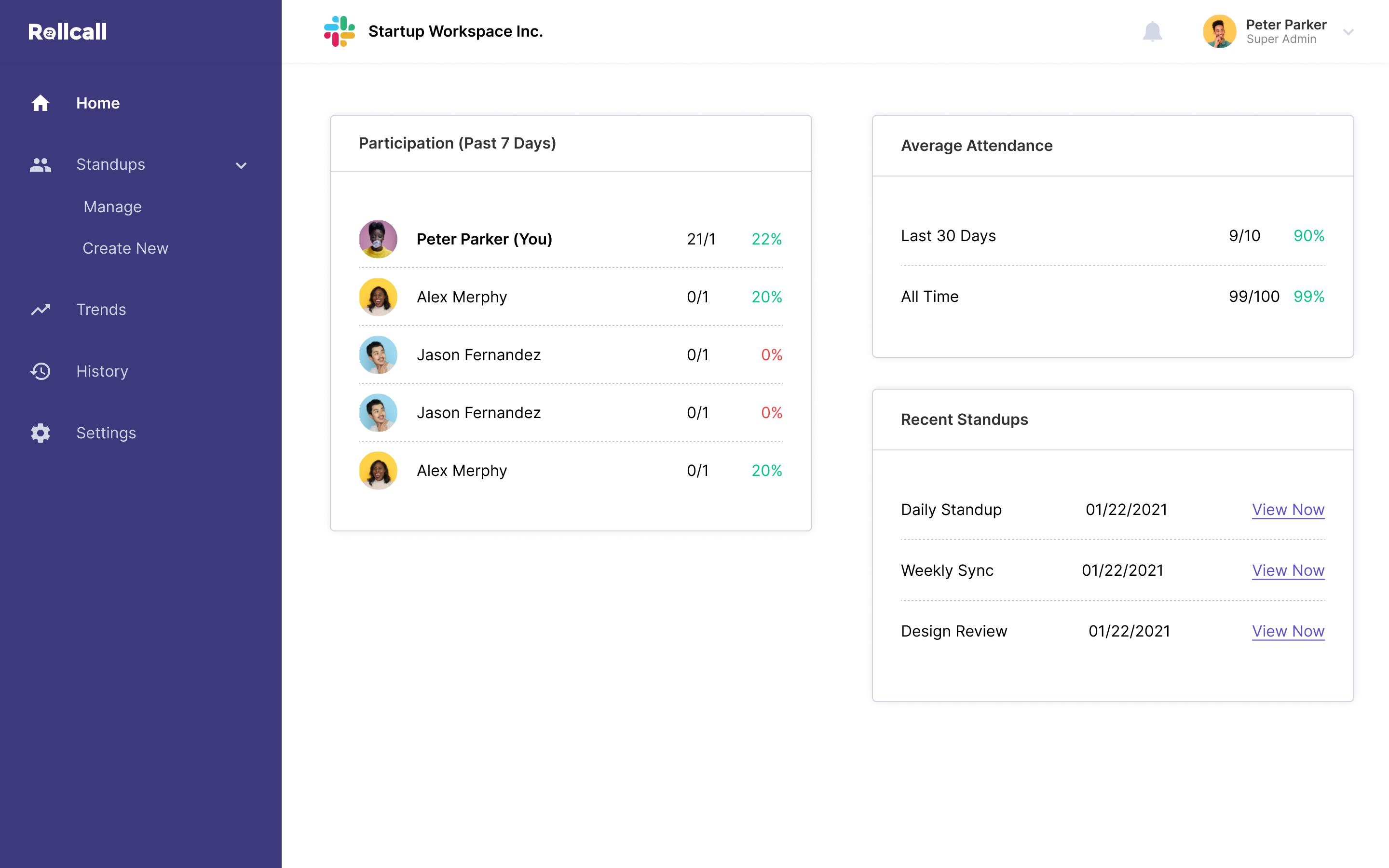 Rollcall product dashboard